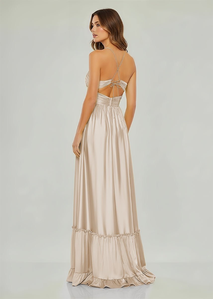 Criss-cross Chartreuse Ruched A-line Halter Sleeveless Long Evening Dress - Curvevia