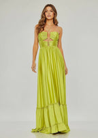 Criss-cross Chartreuse Ruched A-line Halter Sleeveless Long Evening Dress - Curvevia