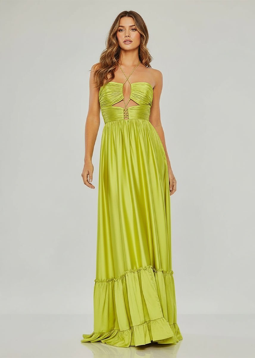Criss-cross Chartreuse Ruched A-line Halter Sleeveless Long Evening Dress - Curvevia