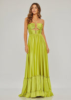 Criss-cross Chartreuse Ruched A-line Halter Sleeveless Long Evening Dress - Curvevia