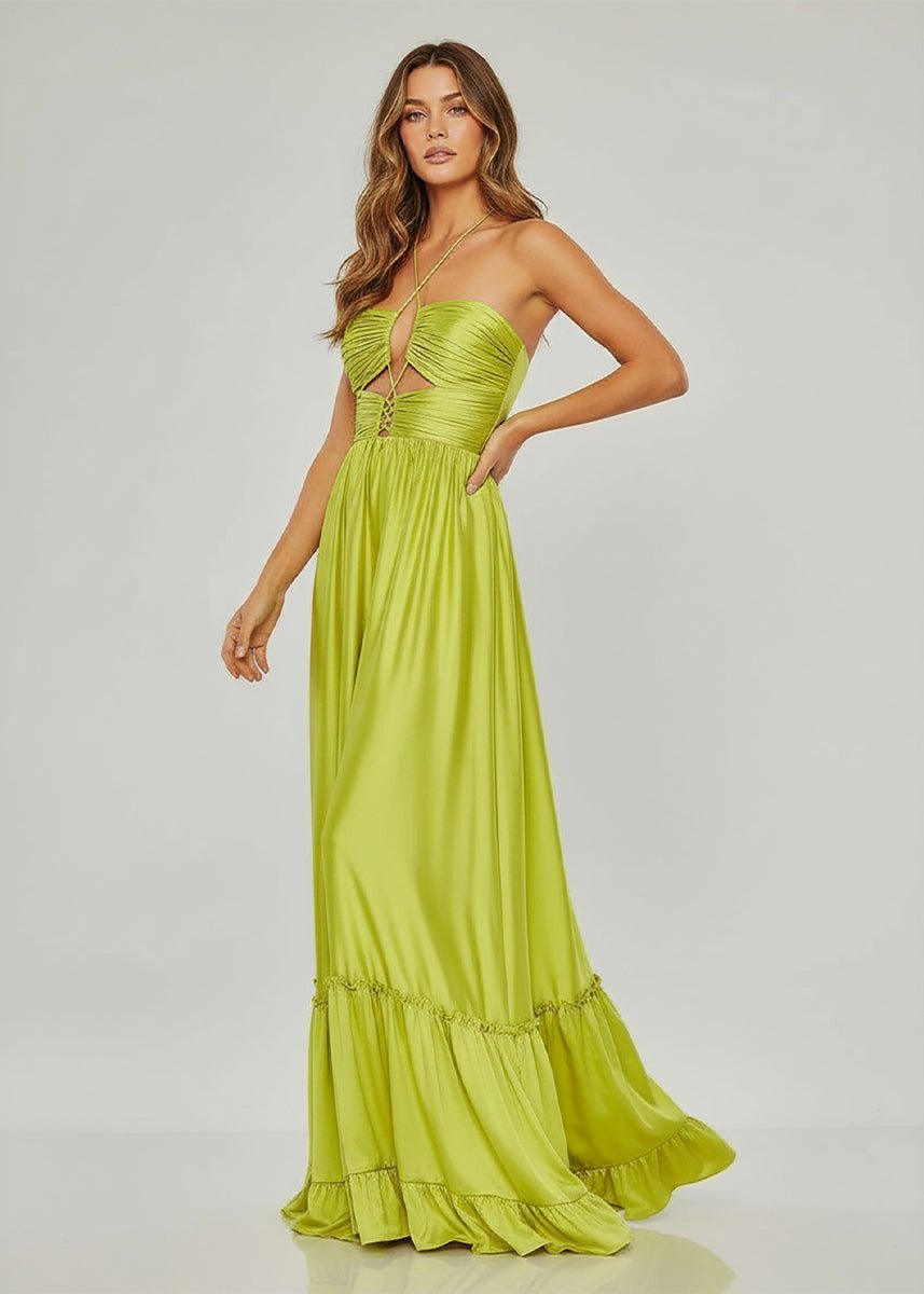 Criss-cross Chartreuse Ruched A-line Halter Sleeveless Long Evening Dress - Curvevia