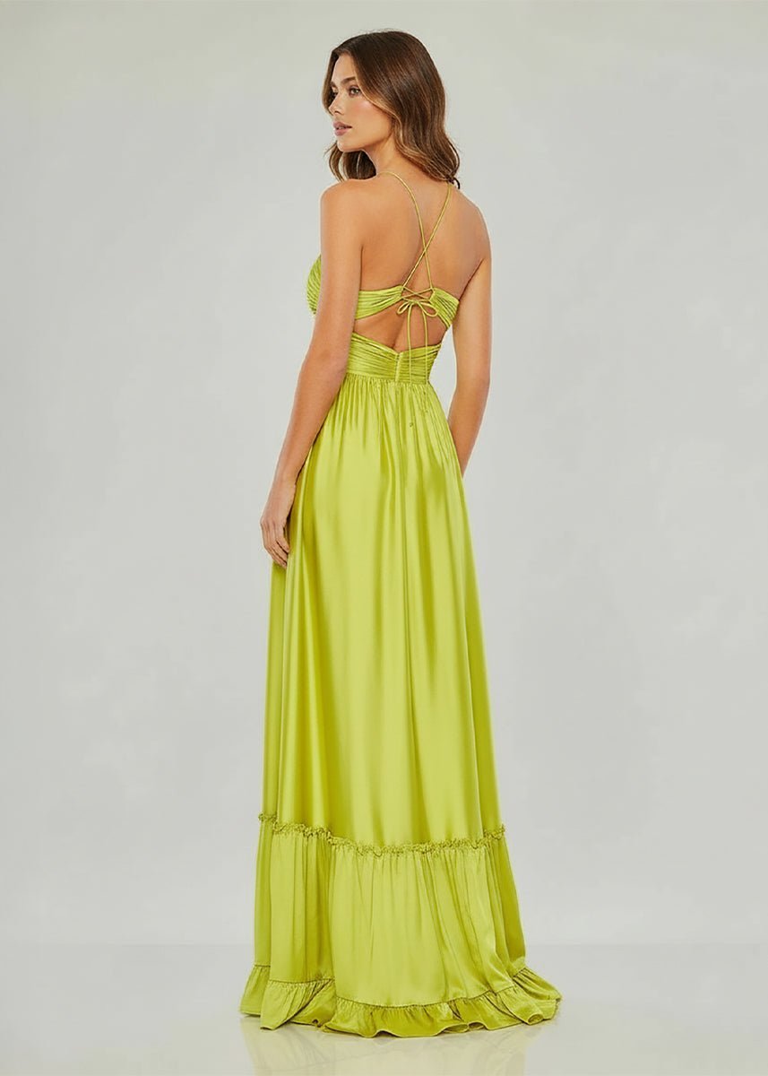 Criss-cross Chartreuse Ruched A-line Halter Sleeveless Long Evening Dress - Curvevia