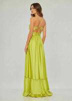 Criss-cross Chartreuse Ruched A-line Halter Sleeveless Long Evening Dress - Curvevia