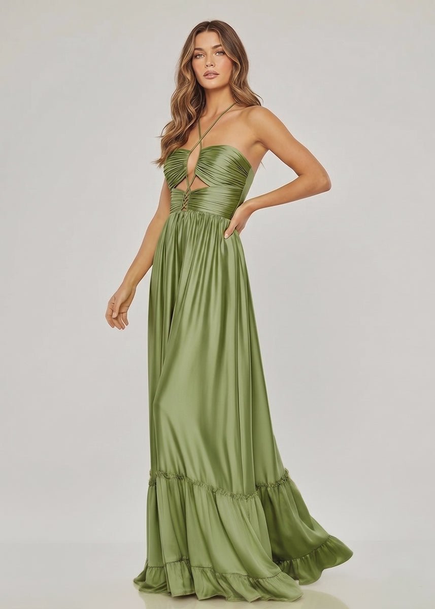 Criss-cross Chartreuse Ruched A-line Halter Sleeveless Long Evening Dress - Curvevia