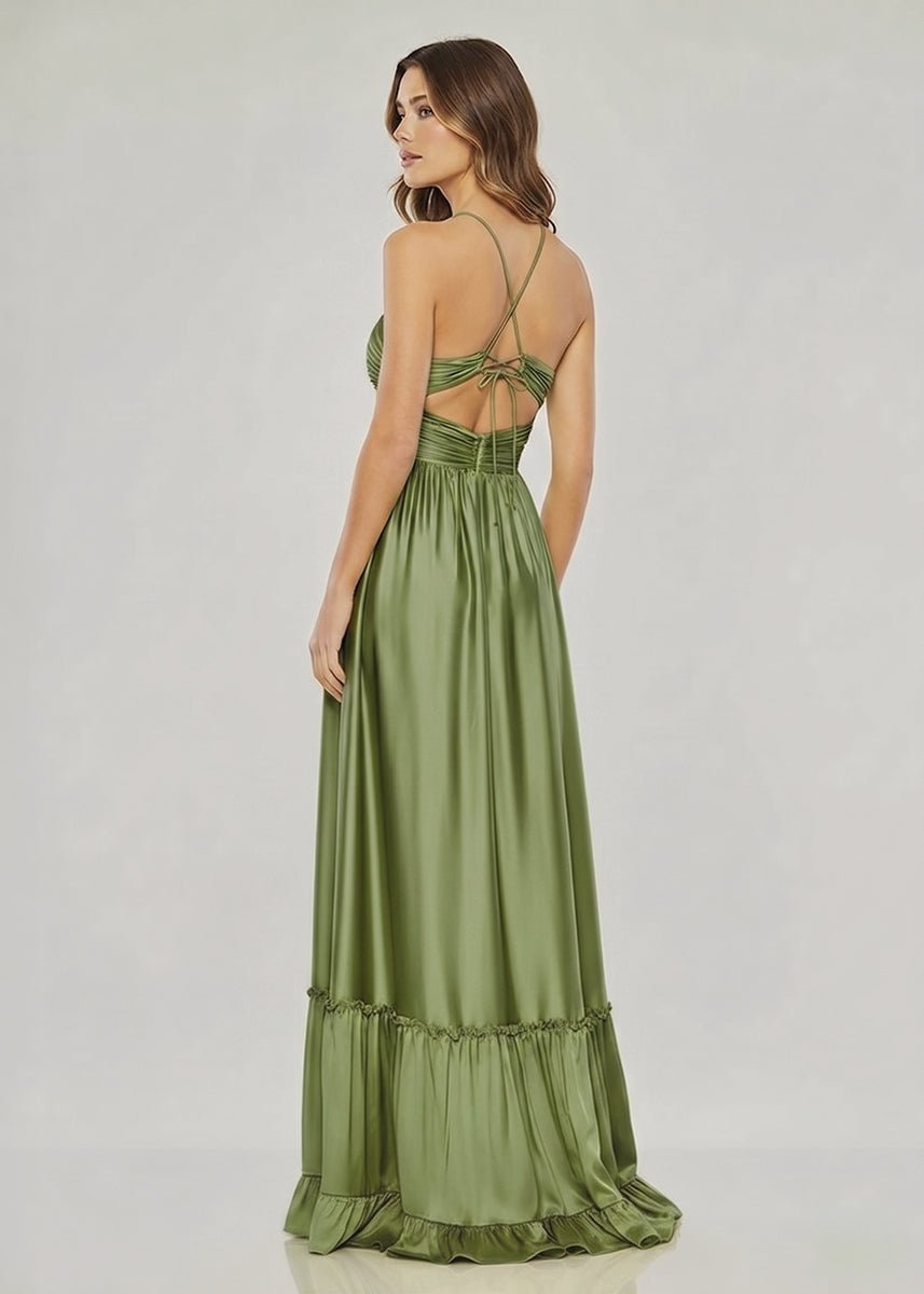 Criss-cross Chartreuse Ruched A-line Halter Sleeveless Long Evening Dress - Curvevia