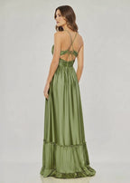 Criss-cross Chartreuse Ruched A-line Halter Sleeveless Long Evening Dress - Curvevia