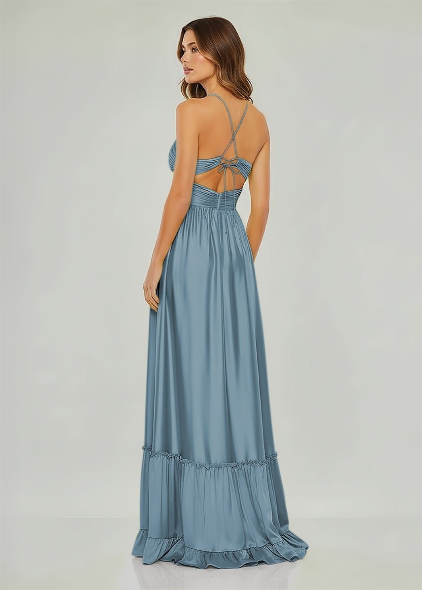 Criss-cross Chartreuse Ruched A-line Halter Sleeveless Long Evening Dress - Curvevia