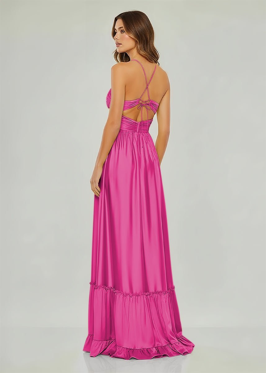 Criss-cross Chartreuse Ruched A-line Halter Sleeveless Long Evening Dress - Curvevia