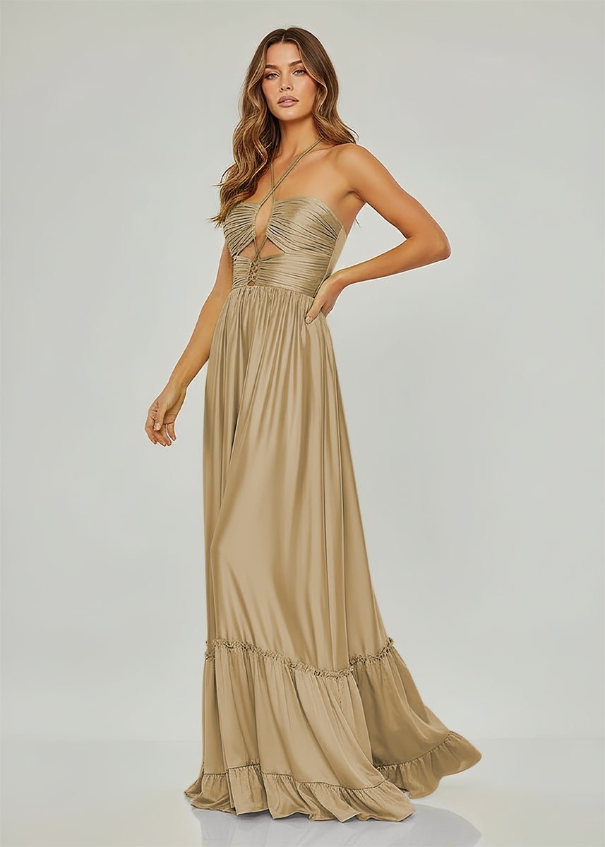 Criss-cross Chartreuse Ruched A-line Halter Sleeveless Long Evening Dress - Curvevia