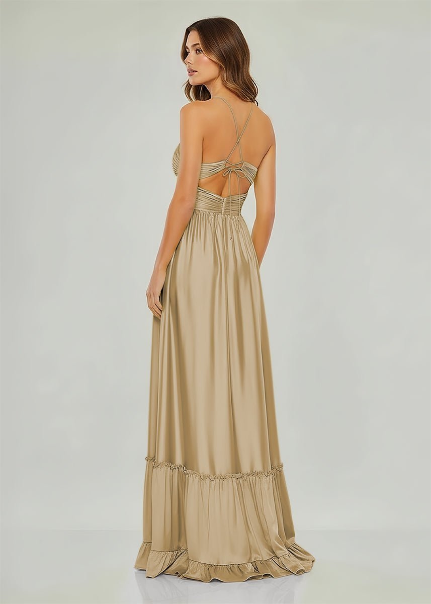 Criss-cross Chartreuse Ruched A-line Halter Sleeveless Long Evening Dress - Curvevia
