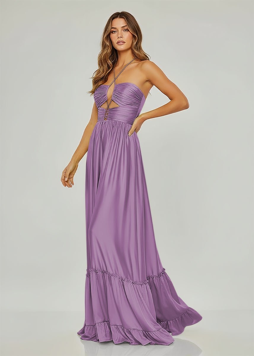 Criss-cross Chartreuse Ruched A-line Halter Sleeveless Long Evening Dress - Curvevia
