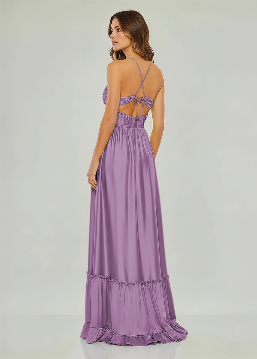 Criss-cross Chartreuse Ruched A-line Halter Sleeveless Long Evening Dress - Curvevia
