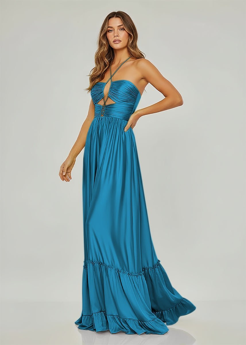 Criss-cross Chartreuse Ruched A-line Halter Sleeveless Long Evening Dress - Curvevia