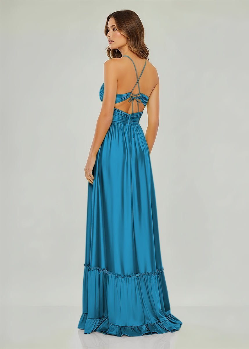 Criss-cross Chartreuse Ruched A-line Halter Sleeveless Long Evening Dress - Curvevia