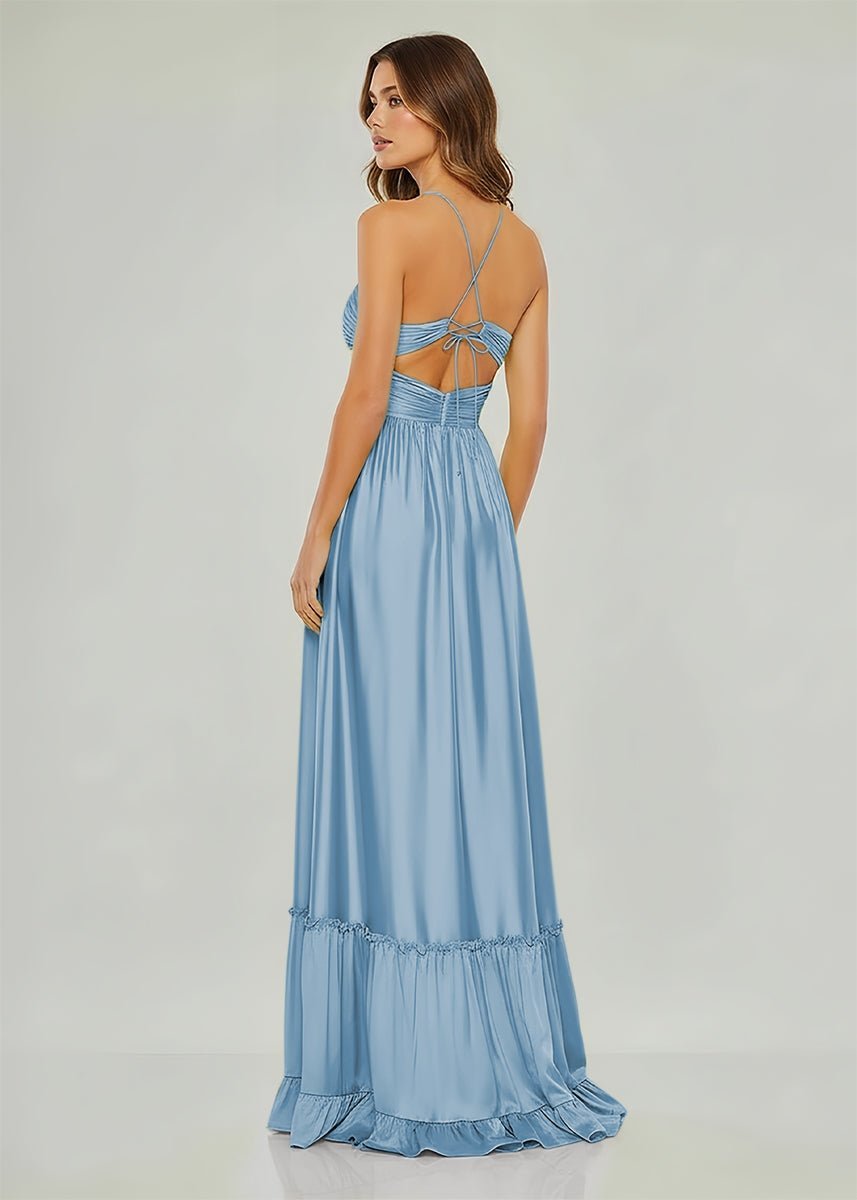 Criss-cross Chartreuse Ruched A-line Halter Sleeveless Long Evening Dress - Curvevia