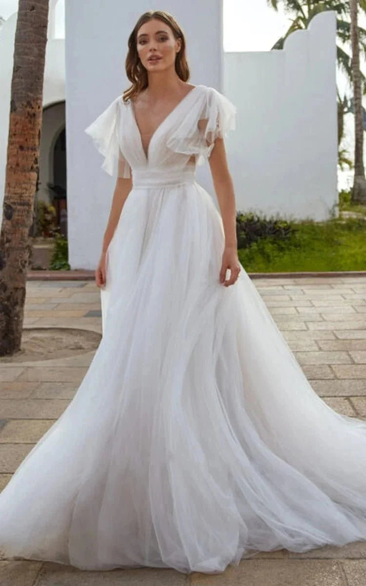 Casual Beach A-Line Tulle Wedding Dress With V-neck And Low-V Back - Curvevia