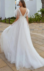 Casual Beach A-Line Tulle Wedding Dress With V-neck And Low-V Back - Curvevia