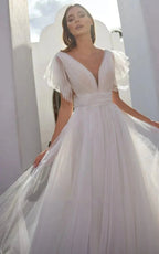 Casual Beach A-Line Tulle Wedding Dress With V-neck And Low-V Back - Curvevia