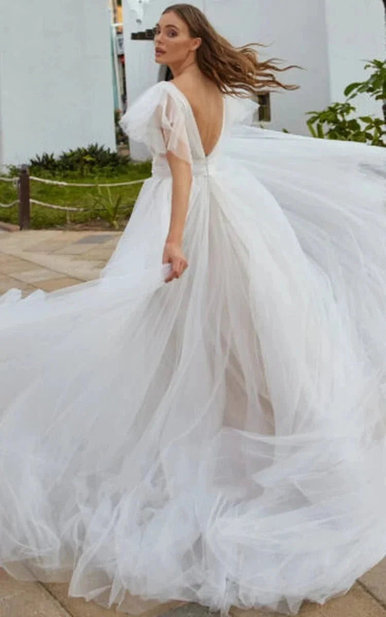 Casual Beach A-Line Tulle Wedding Dress With V-neck And Low-V Back - Curvevia