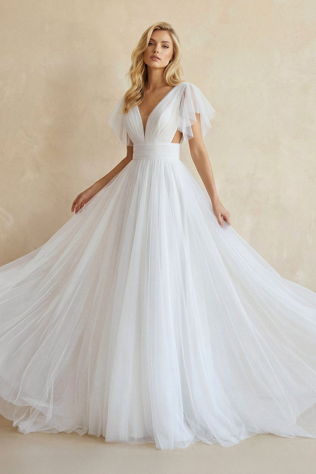 Casual Beach A-Line Tulle Wedding Dress With V-neck And Low-V Back - Curvevia