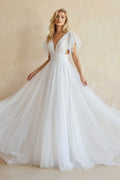 Casual Beach A-Line Tulle Wedding Dress With V-neck And Low-V Back - Curvevia