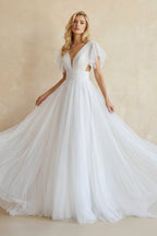 Casual Beach A-Line Tulle Wedding Dress With V-neck And Low-V Back - Curvevia