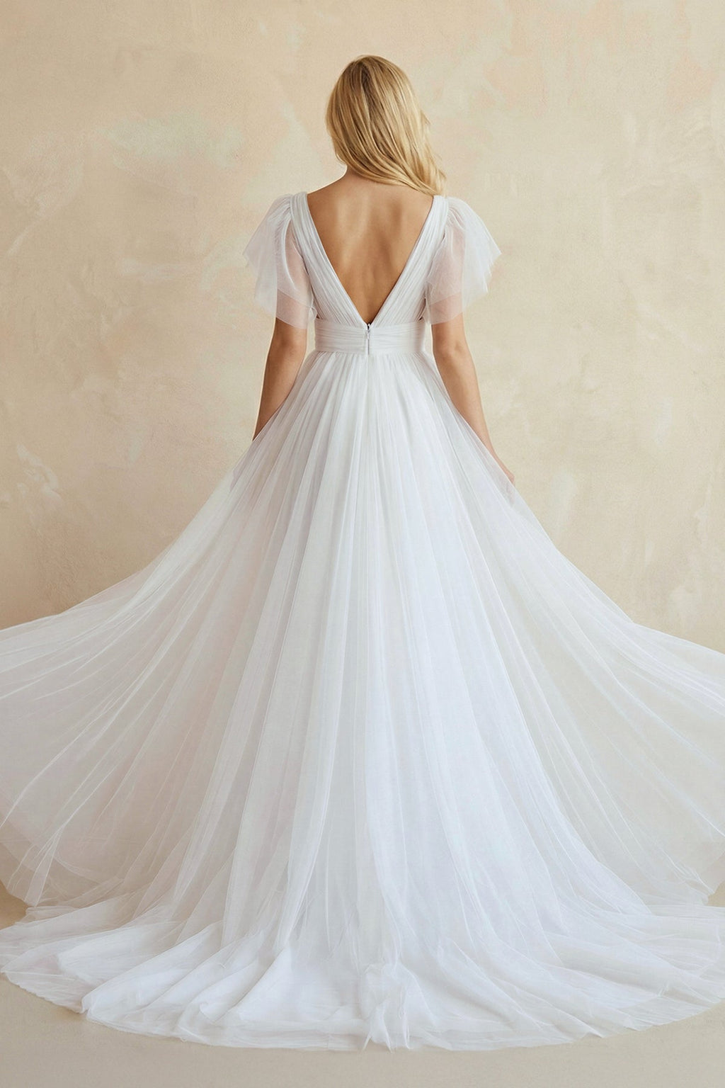 Casual Beach A-Line Tulle Wedding Dress With V-neck And Low-V Back - Curvevia