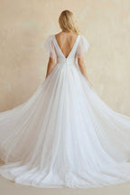 Casual Beach A-Line Tulle Wedding Dress With V-neck And Low-V Back - Curvevia
