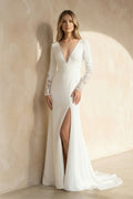 Casual V-neck mermaid Sweep Train Long Sleeve Wedding Dress With Slit - Curvevia