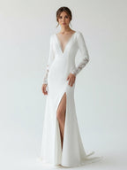 Casual V-neck mermaid Sweep Train Long Sleeve Wedding Dress With Slit - Curvevia