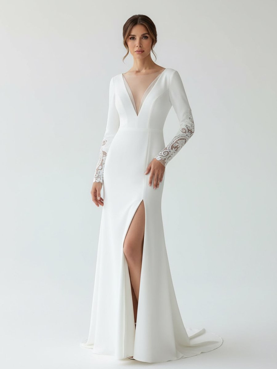 Casual V-neck mermaid Sweep Train Long Sleeve Wedding Dress With Slit - Curvevia