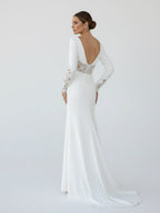 Casual V-neck mermaid Sweep Train Long Sleeve Wedding Dress With Slit - Curvevia