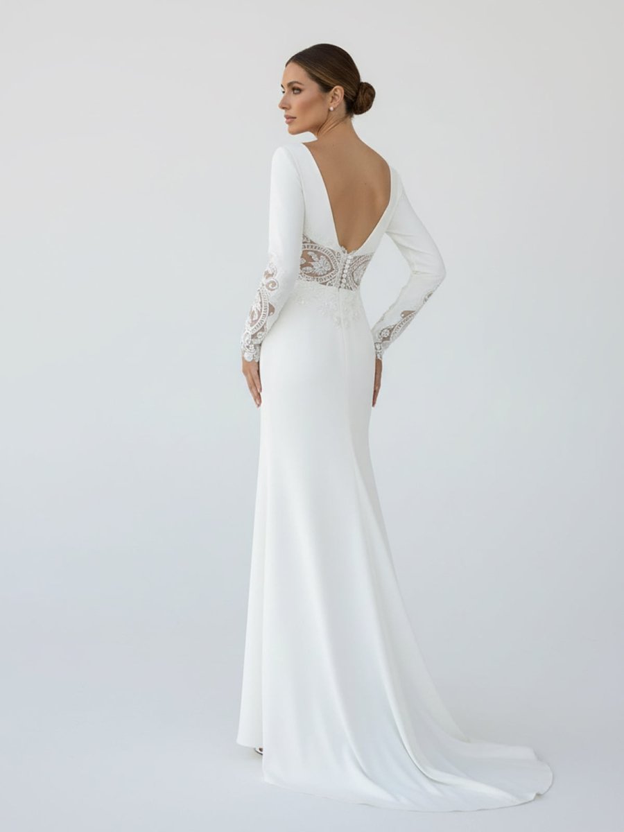 Casual V-neck mermaid Sweep Train Long Sleeve Wedding Dress With Slit - Curvevia