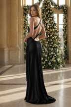 Yellow - One Shoulder Sheath Satin Backless Long Evening Dress - Curvevia