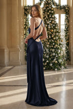 Yellow - One Shoulder Sheath Satin Backless Long Evening Dress - Curvevia