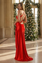 Yellow - One Shoulder Sheath Satin Backless Long Evening Dress - Curvevia