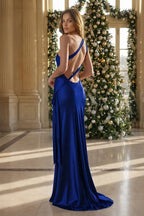 Yellow - One Shoulder Sheath Satin Backless Long Evening Dress - Curvevia