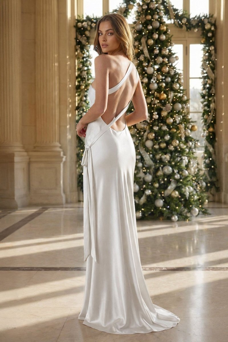 Yellow - One Shoulder Sheath Satin Backless Long Evening Dress - Curvevia