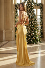 Yellow - One Shoulder Sheath Satin Backless Long Evening Dress - Curvevia