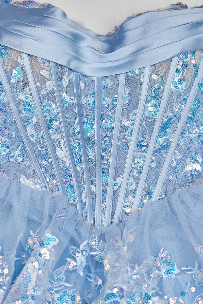 Sky Blue Sweetheart A Line Sequined Lace Long Evening Dress With Ruffles - Curvevia