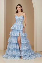 Sky Blue Sweetheart A Line Sequined Lace Long Evening Dress With Ruffles - Curvevia