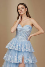 Sky Blue Sweetheart A Line Sequined Lace Long Evening Dress With Ruffles - Curvevia