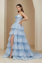Sky Blue Sweetheart A Line Sequined Lace Long Evening Dress With Ruffles - Curvevia