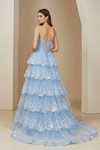 Sky Blue Sweetheart A Line Sequined Lace Long Evening Dress With Ruffles - Curvevia