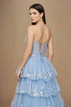 Sky Blue Sweetheart A Line Sequined Lace Long Evening Dress With Ruffles - Curvevia
