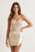 Sage Bodycon Satin Sequined Corset Mini Homecoming Dresses with Lace Appliques - Curvevia
