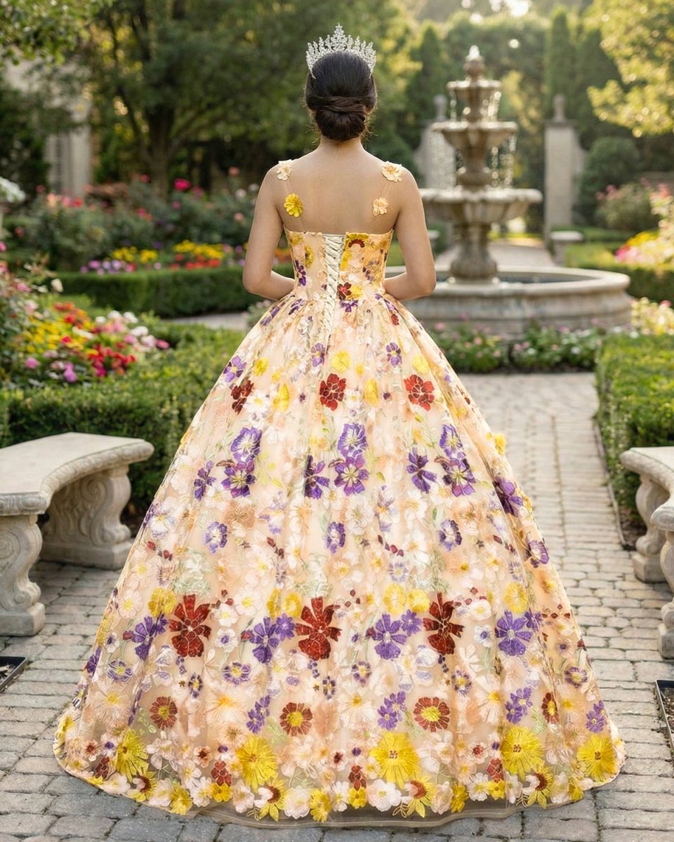 Quinceanera Dress Champagne A-line Flowers Long Prom Dress - Curvevia