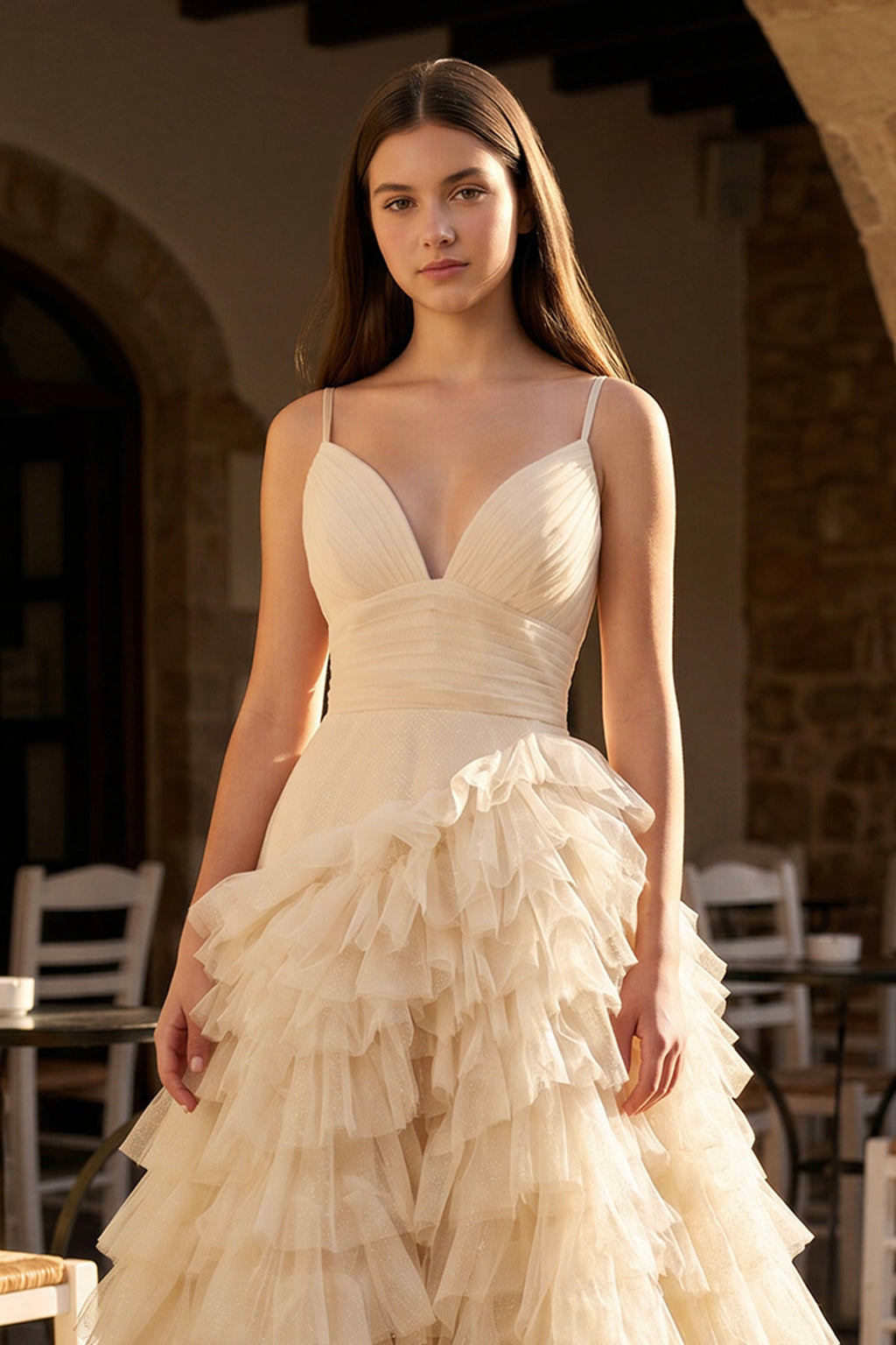 A-Line Spaghetti Straps Tiered Tulle Wedding Guest Dress - Curvevia