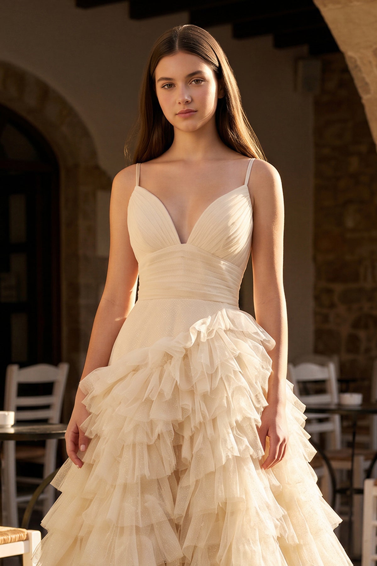 A-Line Spaghetti Straps Tiered Tulle Wedding Guest Dress - Curvevia