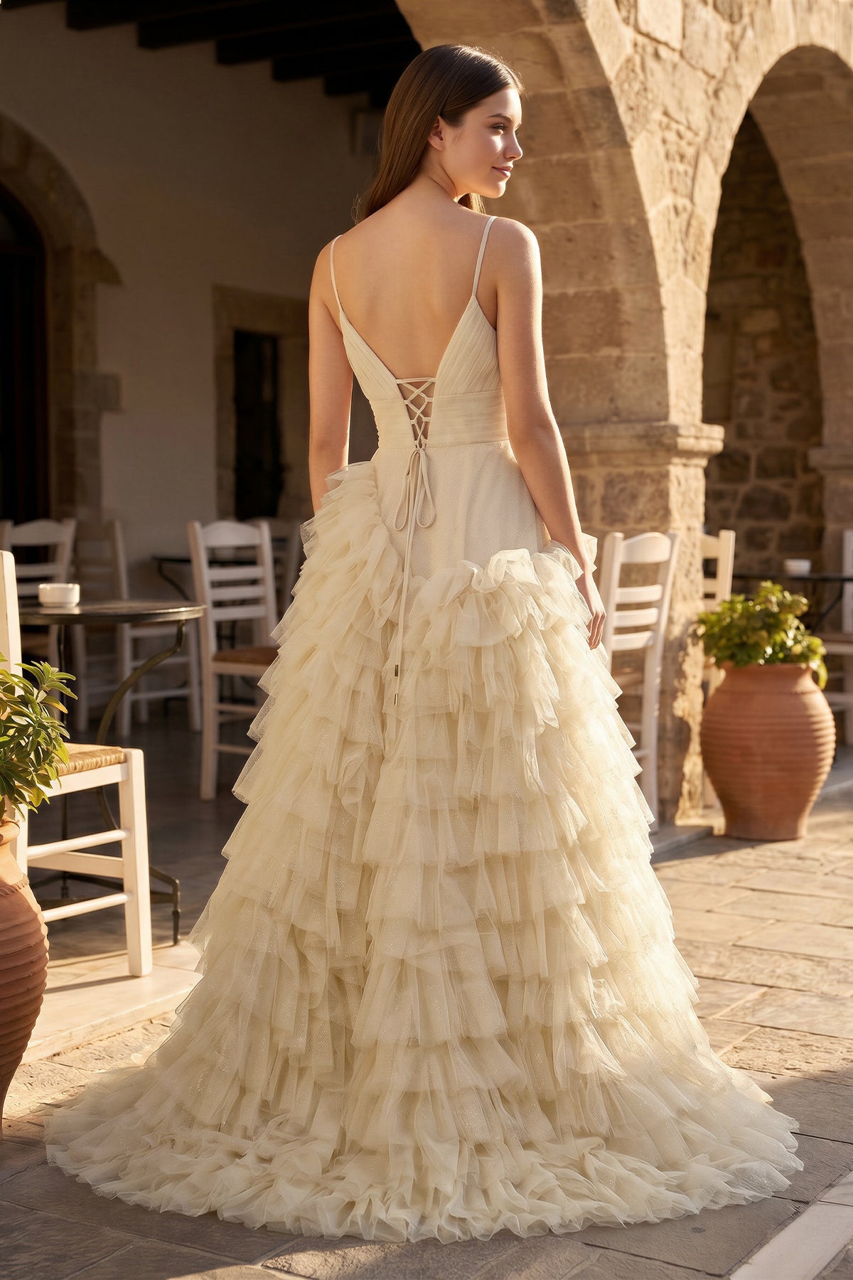 A-Line Spaghetti Straps Tiered Tulle Wedding Guest Dress - Curvevia